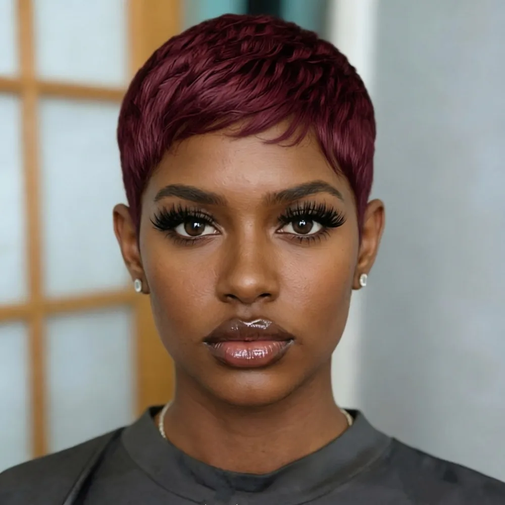 

pixie wig brown back burgundy pixie cut human hair wig short straight layered 4inch machine made 150% density human hair wig
