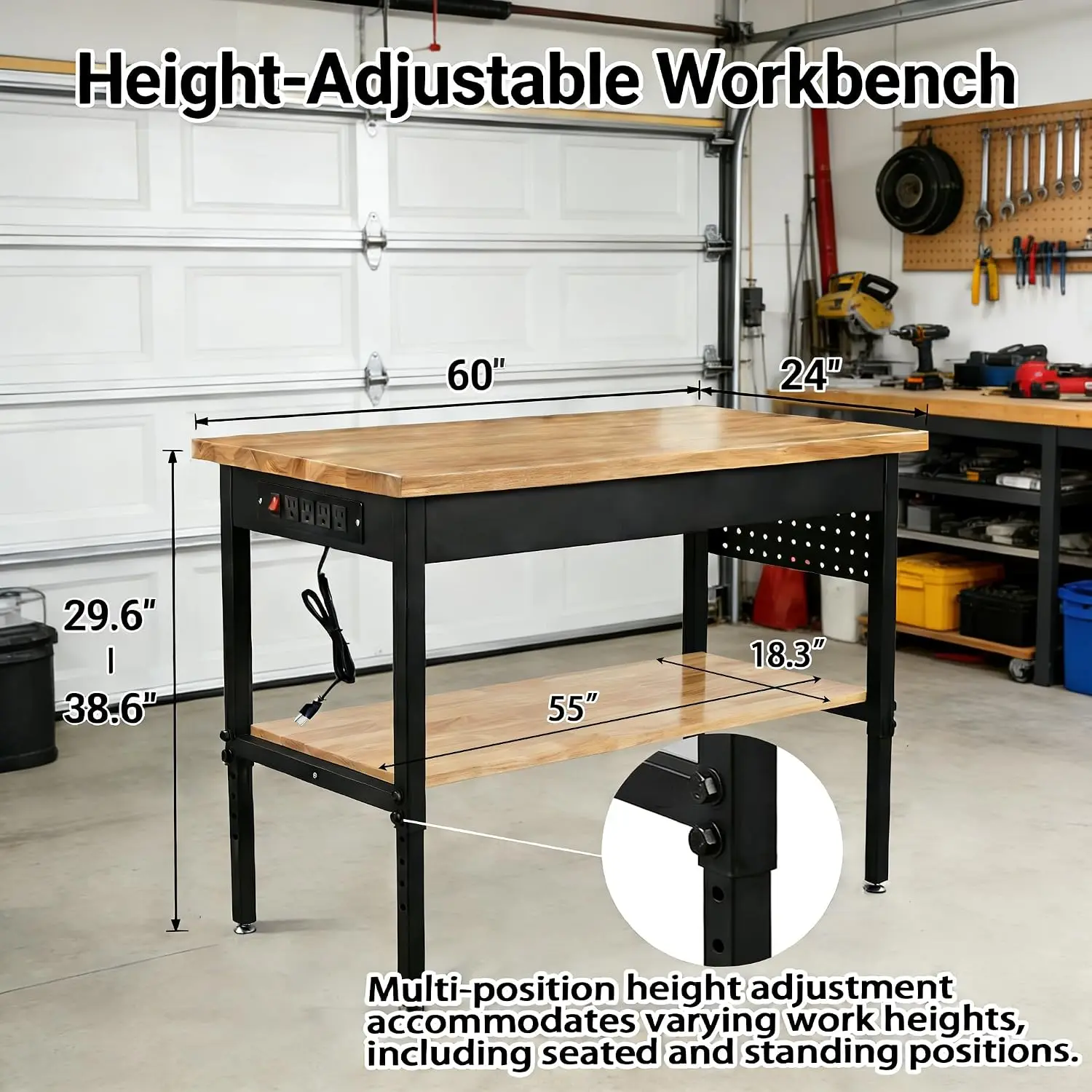 60 Inch Height Adjustable Workbench with Casters | Supports up to 2500 LBS Height Adjustable Rolling Worktable with Power Outlet
