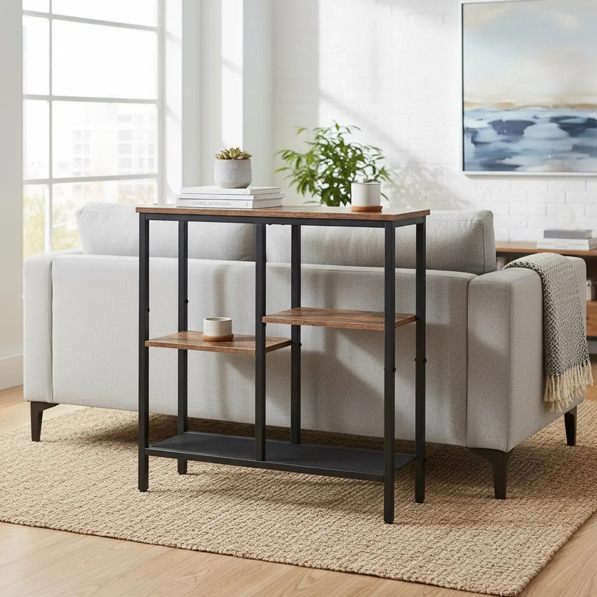 4 Tier Rustic Console Table Metal Mesh Entryway Shelf Industrial Hallway Furniture