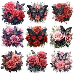 25cm New Gothic Flower Butterfly Iron-On Transfers Sticker For T-Shirts DIY Washable Heat Transfer Patch For Clothes Stickers