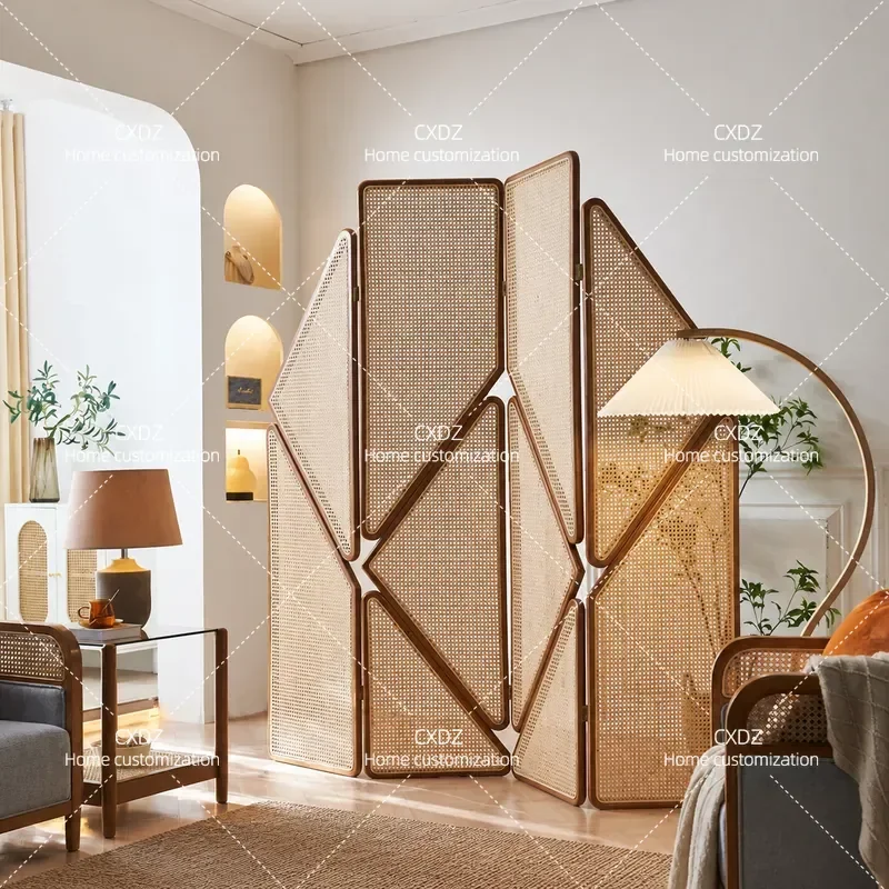 Nordic solid wood rattan screen movable folding partition wall Chinese arc retro living room entrance