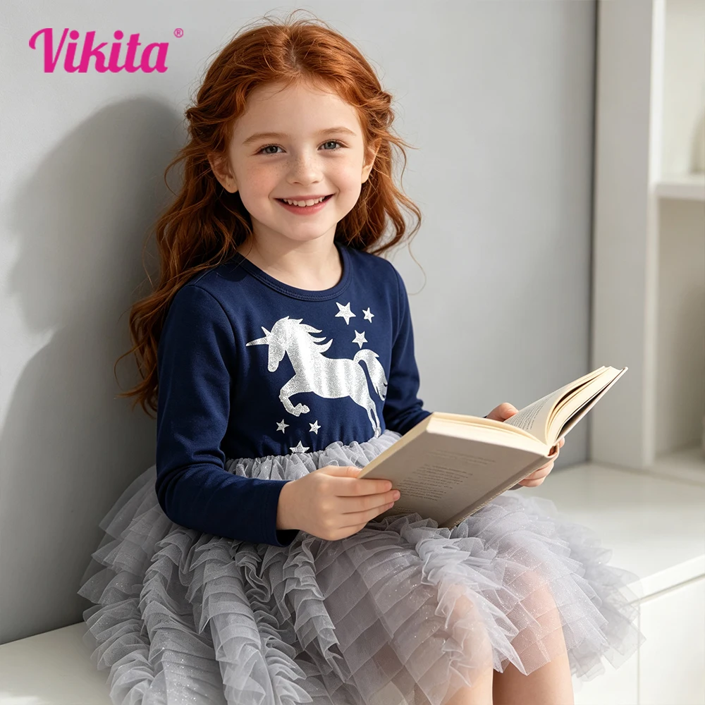 VIKITA Girls Teenagers Licorne Print Cartoon Glittery Dress Kids Navy Blue Grey Tiered Tulle Layered Tutu Princess Dresses 3-8Y
