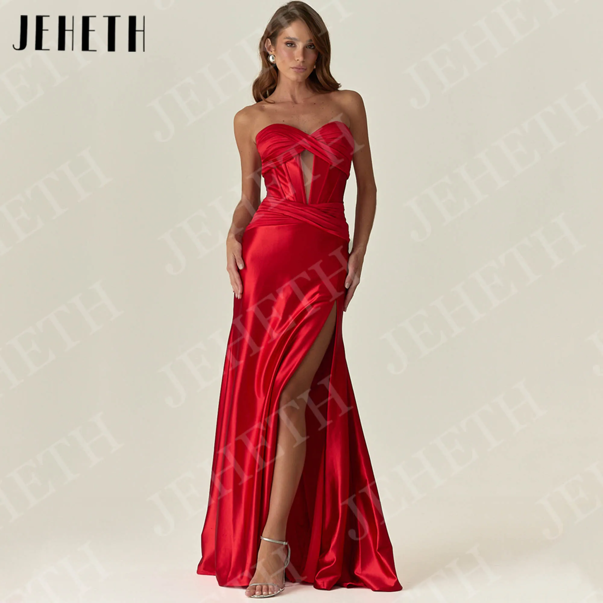 JEHETH sirena vestidos de noche cariño personalizado satén rojo sin tirantes vestido de fiesta elegante vestidos de fiesta elegantes noche Sirena vestidos de noche cariño personalizado rojo satén sin tirantes vestido d