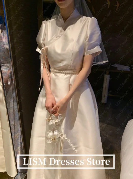 LISM A-Line eleganti abiti da sposa coreani in raso di seta maniche corte abiti da sposa moderni Garona servizio fotografico personalizzato