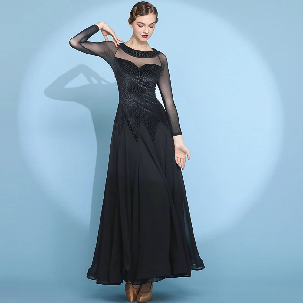 Nowy, seksowny strój do tańca towarzyskiego Waltz Slim, damski, z okrągłym dekoltem, aksamitny, czarny, z długim rękawem, idealny do ćwiczeń.