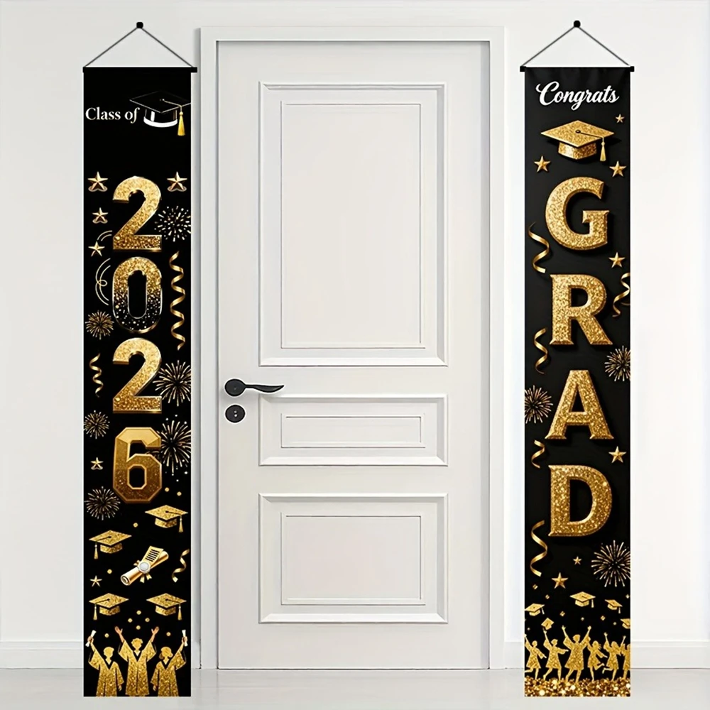 Polyester-Türbanner-Set für den Abschluss, Muster „Klasse 2026“, hängende Veranda-Schilder für Abschlussfeiern, Dekoration für die Haustür und die Veranda