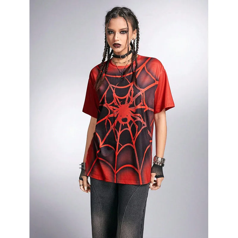 Summer 3D Printed Women\'s Tshirt Grunge Punk Spider Printed Ombre Loose Round Neck Short Sleeve T-Shirt Casual Streetwear TShirt