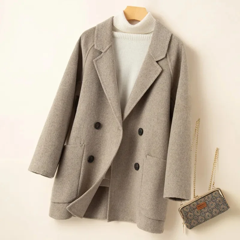 

2024 Winter New Product Women's Fashion and Casual Versatile Flip Collar Double breasted Button Woolen Coat Outerwear