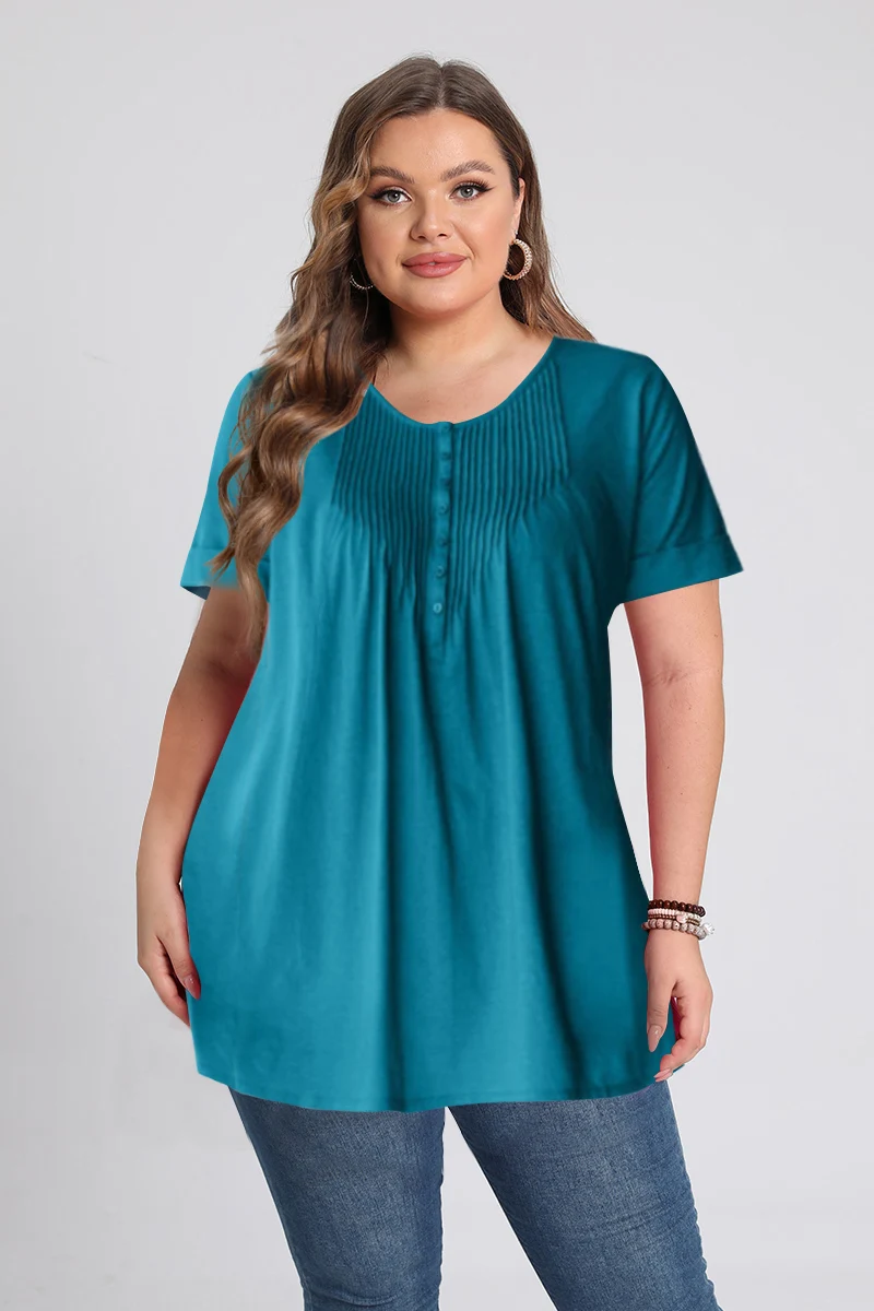 Women\'s Blouse Plus Size Casual Peacock Blue Pleated Single Breasted Short Sleeve Summer A-Line Loose O-Neck Top Ruched Blouse