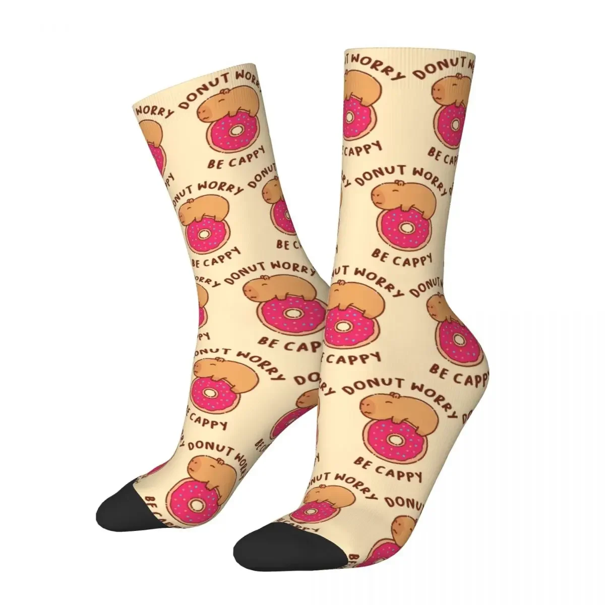 All Seasons Harajuku Men's Women's Capybara On Donut Be Happy Socks Merchandise Print Socks Cute Best Gifts