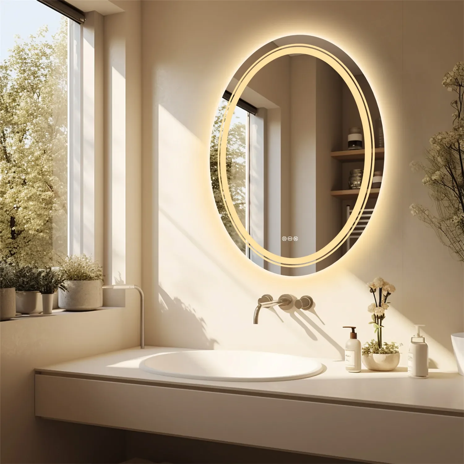 Oval LED Bathroom Mirror Dimmable Light Wall Mounted Makeup Mirror with Demist Illuminated Vanity Mirror