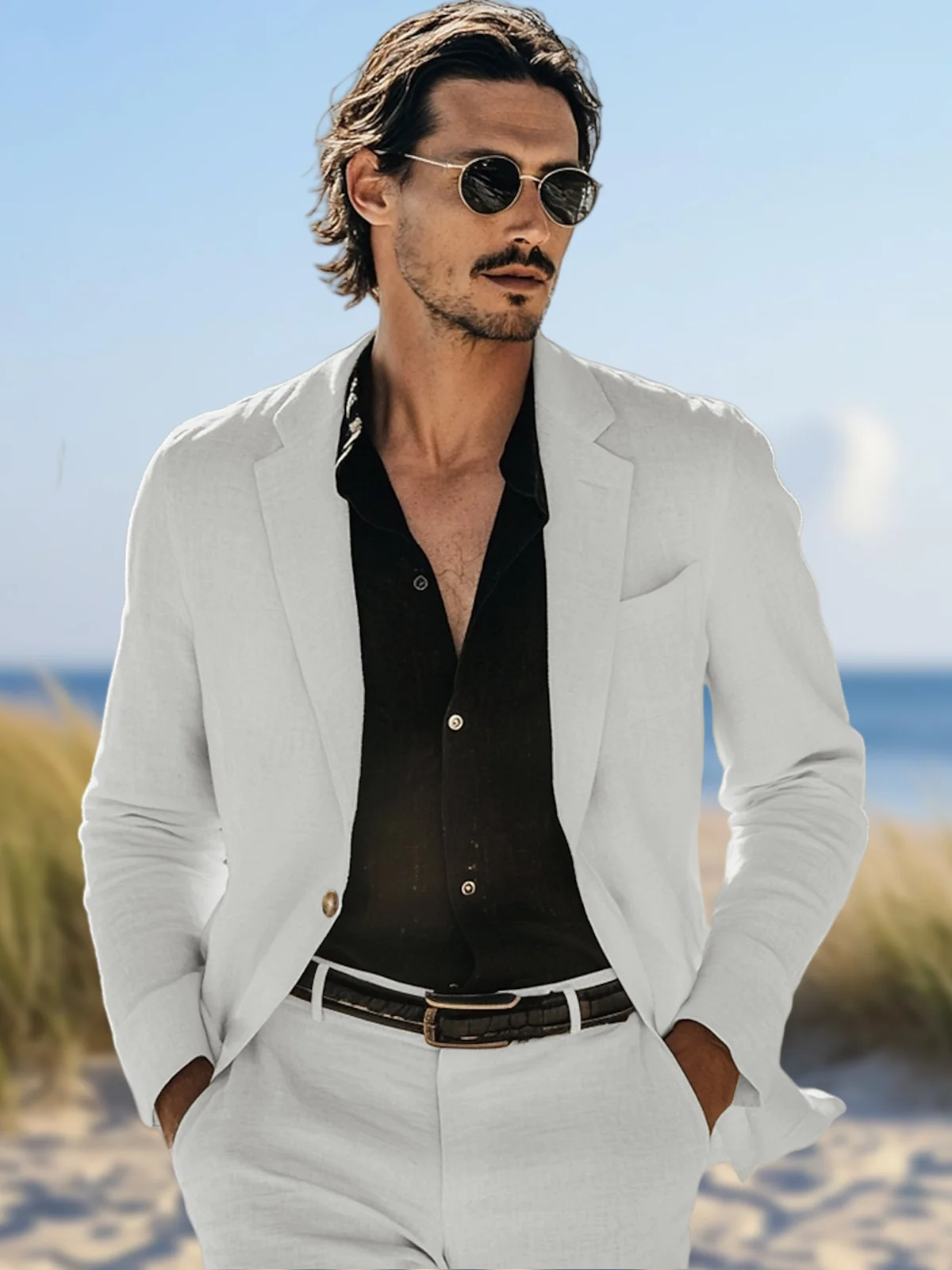 

Beach Summer Linen Suit for Men Slim Fit Man 2 Piece Outfit Set Blazer with Pant Casual High Quality Ternos Para Hombre Tuxedo