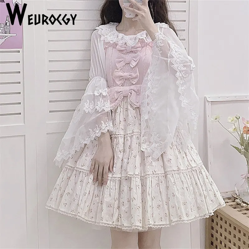 Women Shirt 2023 Summer Y2k Japanese-Style Retro Personality Loose Versatile Bowknot Round Neck Thin Lace Long Sleeve Dress