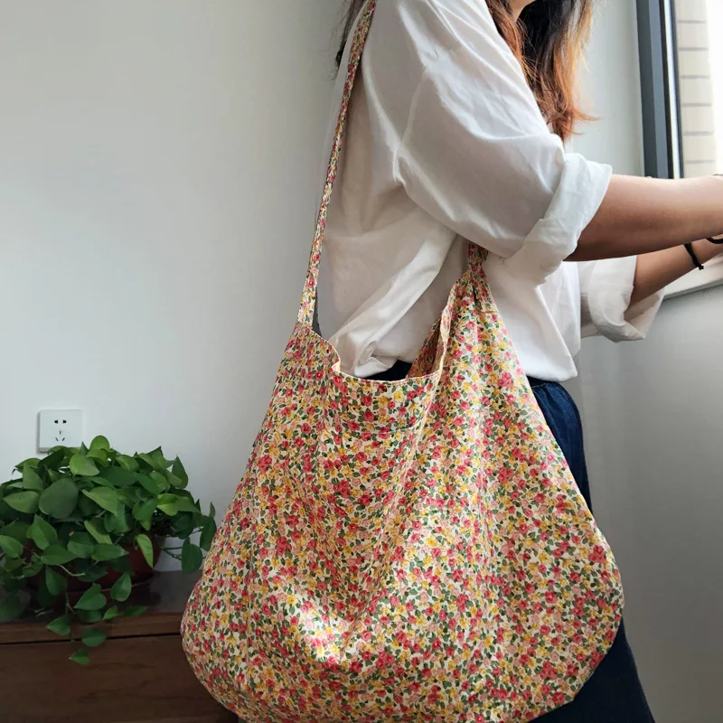 Large Capacity Canvas Tote for Women Small Floral Pattern Reusable Ladies Shopping Shoulder Bags Girls Student Flower Handbags