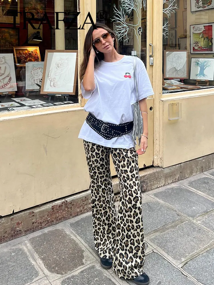 TRAFZA 2024 New Woman Trousers Leopard Print High Waist Zipper Loose Long Pants Casual Chic Elegant Vintage Wide Leg Pant Street