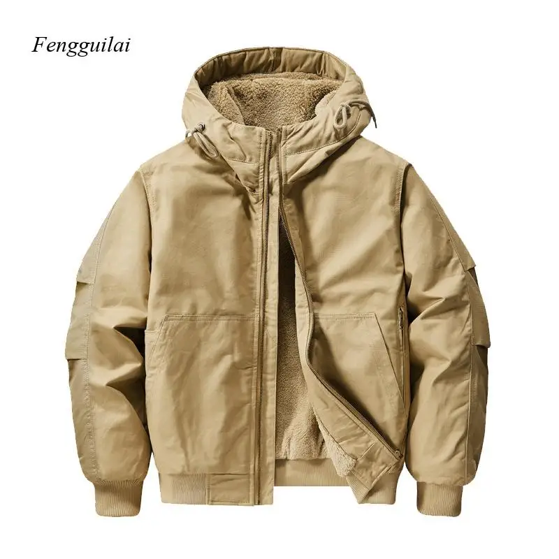 

Мужская куртка-бомбер цвета хаки с капюшоном, на флисовой подкладке, теплая, ветрозащитная, повседневная верхняя одежда для зимы
