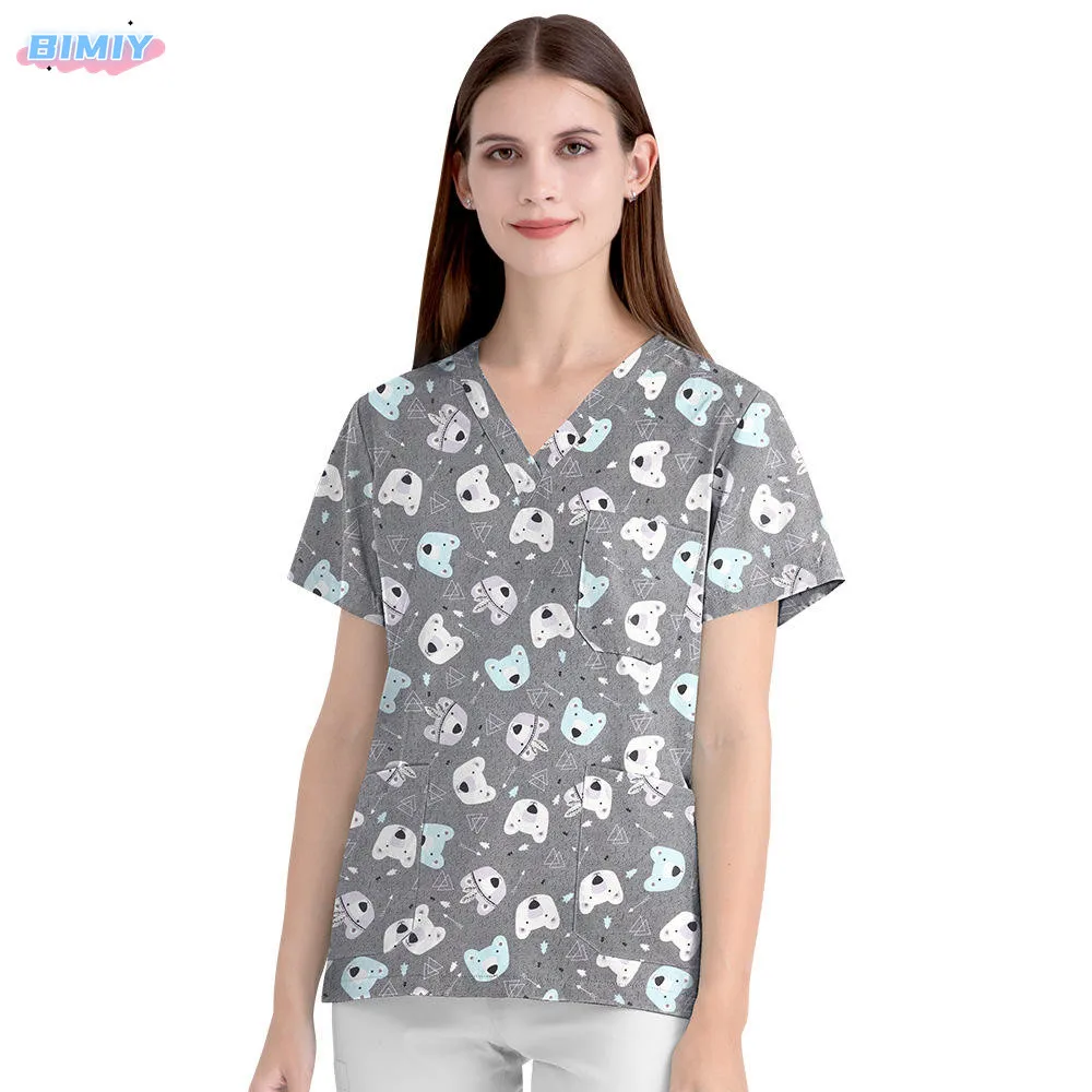 Camiseta de enfermera con cuello en V y bolsillo para mujer, ropa quirúrgica Harajuku de talla grande, ropa de verano para mujer, camiseta de túnica de playa