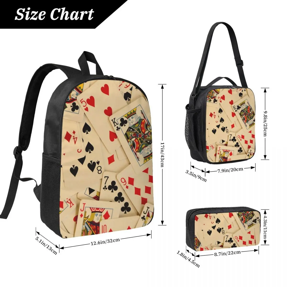 Scattered Pack Of Playing Cards Hearts Clubs Diamonds Spades Backpack BookBag School Bag 3ps Insulated Lunch Bag Pencil Case