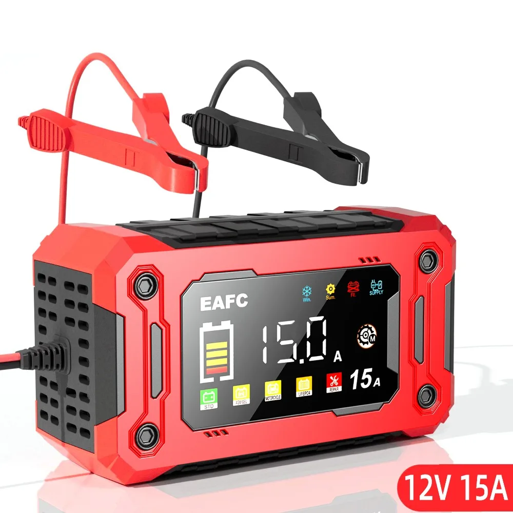 Newest 12V Car Battery Charger 15A Pulse Repair Large Display Smart Charger for Car Motorcycle Lead Acid AGM GEL Batteries