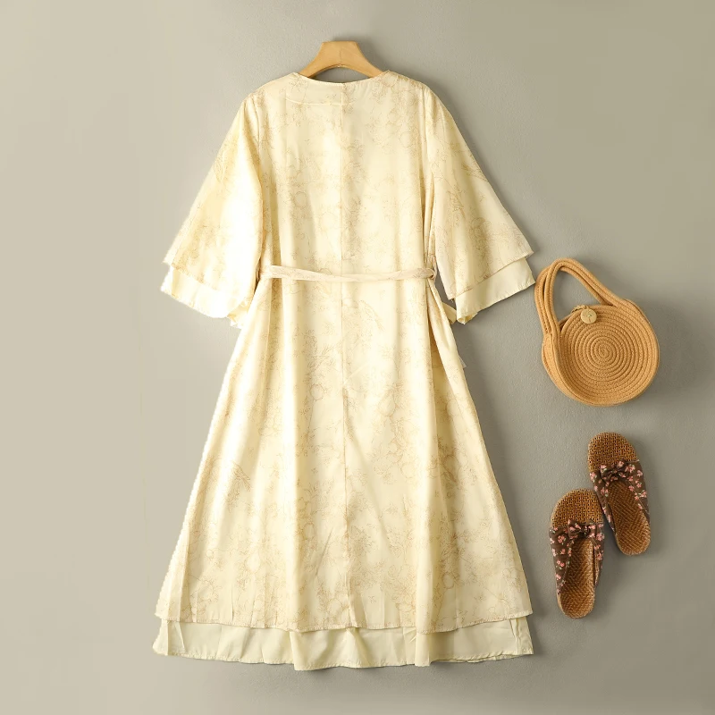 New Chinese Sle Double Layer Long Dr Loose V Ne Waist Cinched Seven Sve Printed Button a Line Skirt for Women