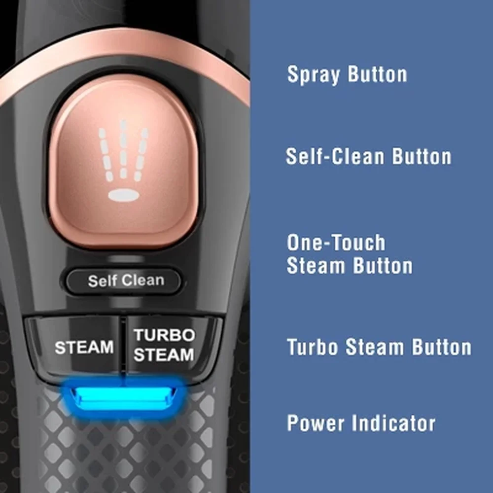 Profesjonalny parownica do ubrań, żelazko z technologią One-Temp, nieprzywierająca stopa, natychmiastowy podgrzew, turbo par, bezpieczna dla wszystkich tkanin, samooczyszczanie.