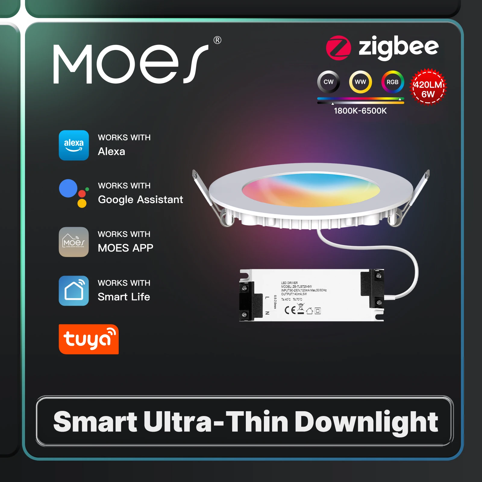 

MOES ZigBee Downlight TuyaUltra тонкая трубчатая лампа Точечная лампа 6 Вт RGB Изменение Теплый прохладный свет Работа с Alexa Google Home Smart Life