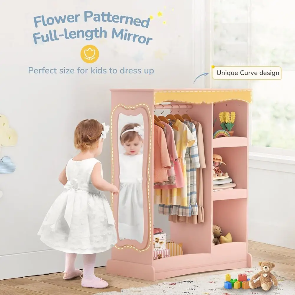 子供用ドレスアップ収納、フラワーミラー付き、子供用オープンハンギングクローゼットワードローブ、子供用アールモワール＆コスチュームオーガナイザー（寝室用）