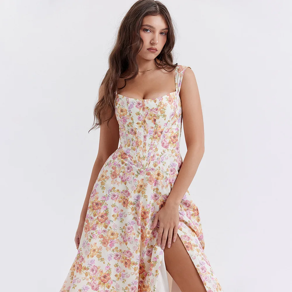 ICCLEK Fusion Dress Square Neck Floral Dress Sleeveless Midi Dress Going Out Spaghetti Strap Sundress Платье Летнее Женское