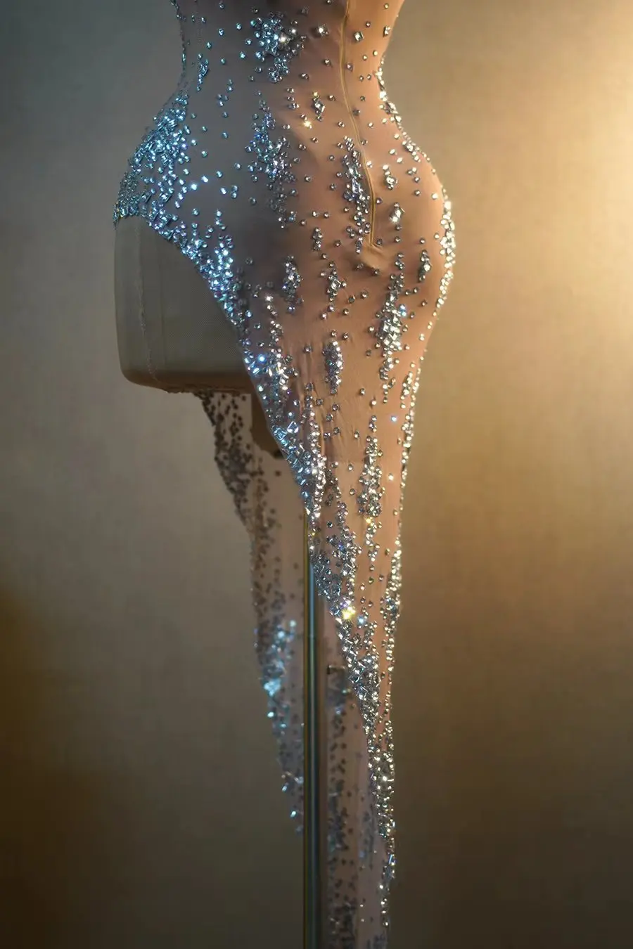 Luxury Diamonds Sexy See-Through DeepV-neck Slit Sheath Dress Evening Party Performance Costume Nightclub Singer B205