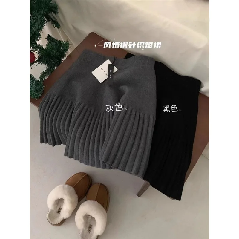 

High End Elastic Waist A-line Pleated Skirt Women Autumn Winter New Solid Color Versatile High Waist Slim Knitted Mini Skirt