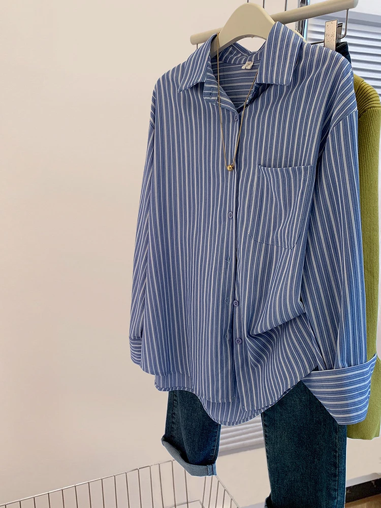 

Autumn Striped Blouses Women Design Sense Niche Long Sleeve Turn-down Collar Shirt Fashion Versatile Loose Tops