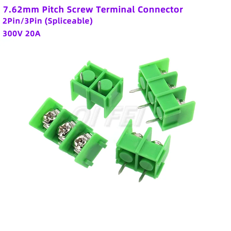 10pcs 7.62mm Pitch Screw Terminal Connector 7.62mm 2 3 Pin Fence Type Green Wiring Terminal Spliceable Side Foot 300V 20A