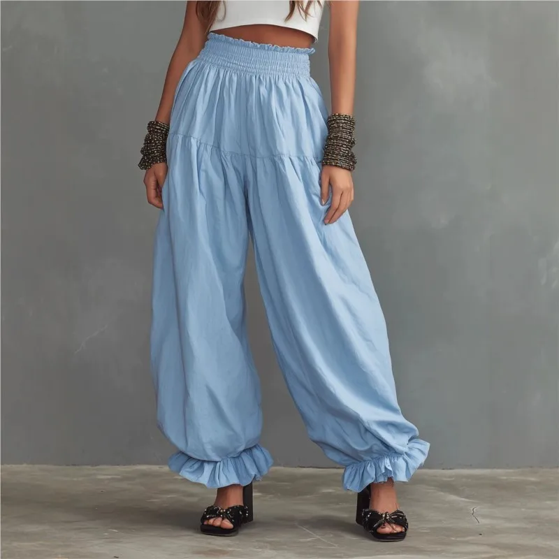 Summer Women High Waist Ruffle Hem Harem Pants Elastic Waist Loose Baggy Vacation Casual Wide Leg Lantern Trousers Pants Female