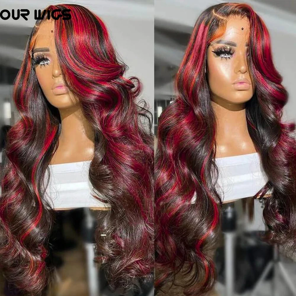 

13X4 Красный Выделите Тело Волнистый Парик Фронта Шнурка Черные Синтетические Волнистые Парики Фронта Шнурка Предварительно Сорванные Парики Шнурка Для Женщин Бесклеевой Парик