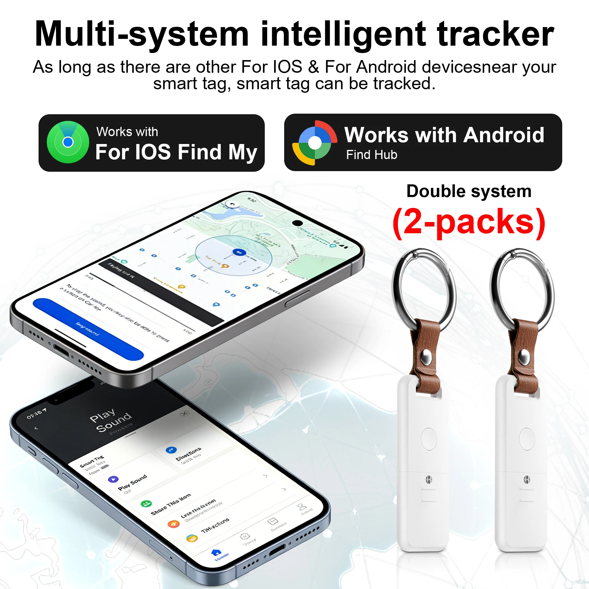 

2-Pack dual-system tracker locator tags for Android or iOS, compatible with Find My or Google FindHub for item tracking.