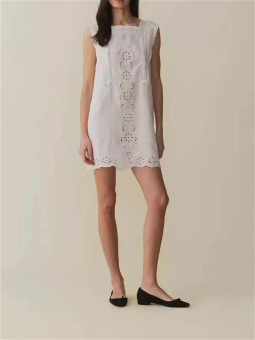 Linen Cotton Blend Women Lace Mini Dress Sleeveless Embroidery White A-Line O-Neck Casual Ladies Summer New 2024 Tank Dress