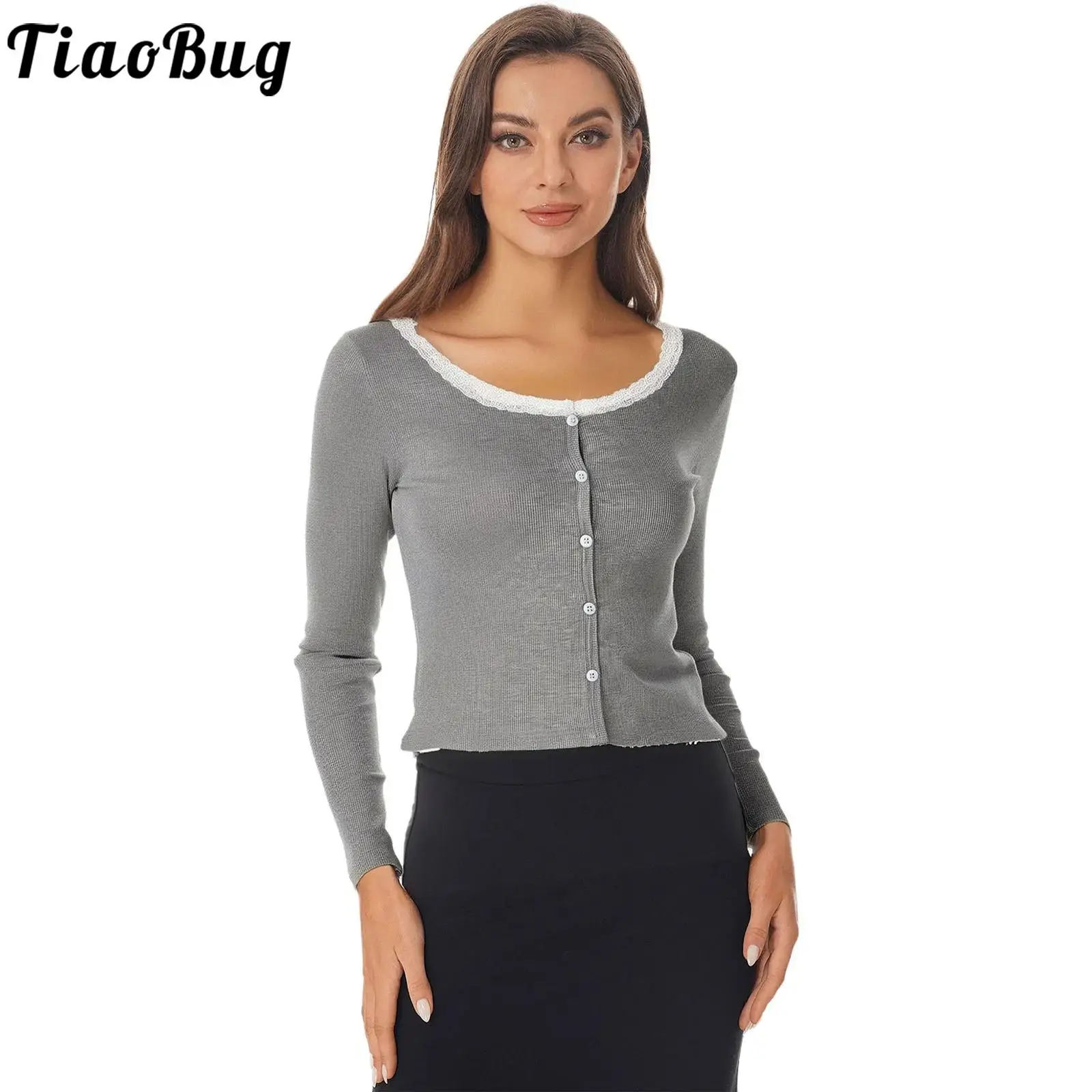

Women Basic Shirt Tops Knitted Cardigan Long Sleeve Buttons Lace Trim Crop Shrugs Sweater Outerwear for Office Daily Casual Wear