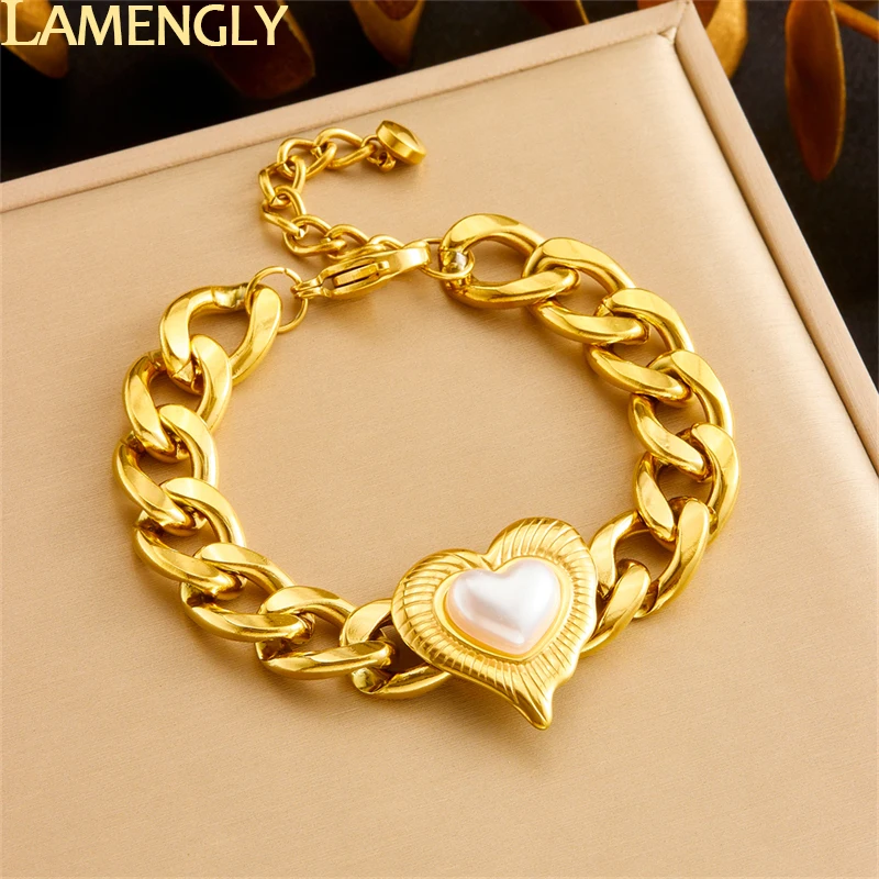 LAMENGLY Free Shipping 316l Stainless Steel Pearl Heart Shape Thick Bracelet Woman Free Spirited Personal Hand Chain Party Gift