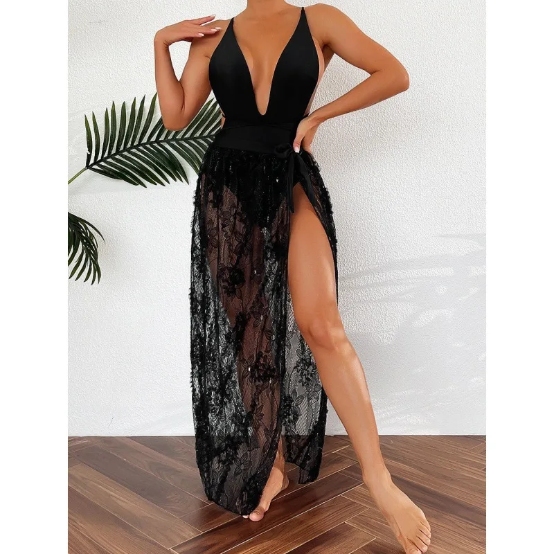 2024 Backless Sexy Swimsuit Beach One Piece Swimwear with Lace Cover-ups Women Mujer Trikini Biquini Badpak Maillot Femme