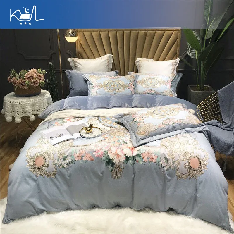 European Coral Fleece 4 Piece Bedding Set, Thick Warm Baby Fleece Duvet Cover, Fitted Sheet, Double-Sided Flannel