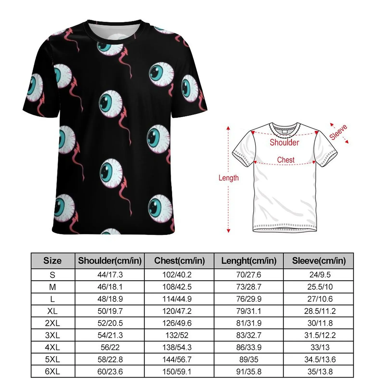 Blue Spooky Eyes T-Shirt For Men Bloody Eyeball Design Printed O Neck T-Shirts Summer Vintage Clothes Casual Oversized Tee Shirt