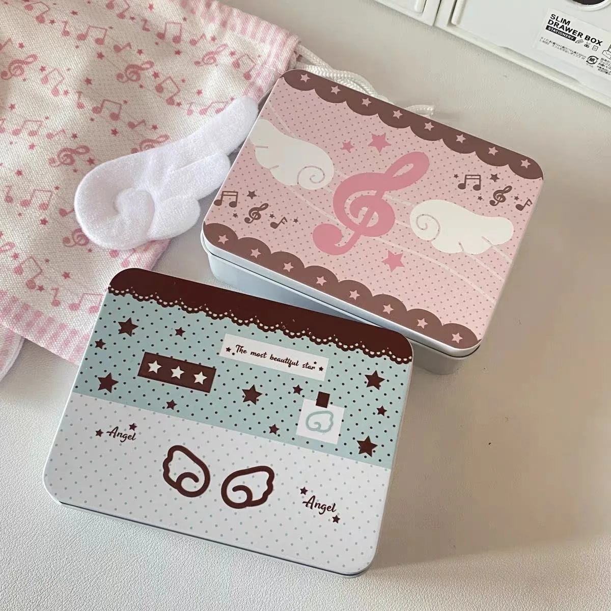 Cute Angel Wing Treble Clef Metal Storage Box Rectangular Tin Case Jewelry Hairpin Stationery Small Sundries Organizer Box