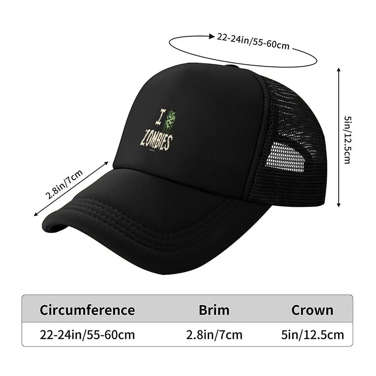 I Heart Zombies Green Dripping Zombie Heart Gothic Horror Graphic Mesh Baseball Cap Hip Hop Dad Hat For Womens Unisex Female
