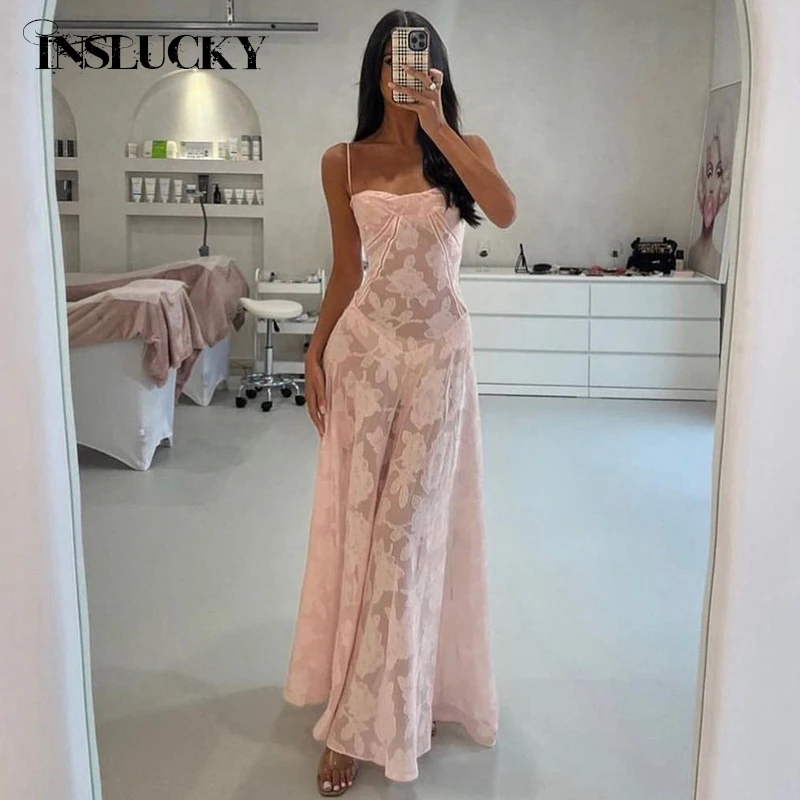 InsLucky Summer Travel Beachwear Women Dresses Print Strapless Spaghetti See Through Strap Corset Dress Sexy Elegant Loose Robe