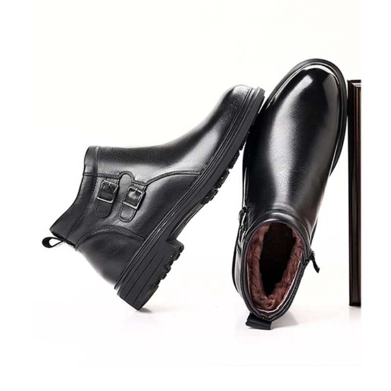 Winter Genuine Leather Wool Men\'s Ankle Boots Fashion Platform Non-slip Men Cotton Shoes buckle Designer Male Chelsea Boots male