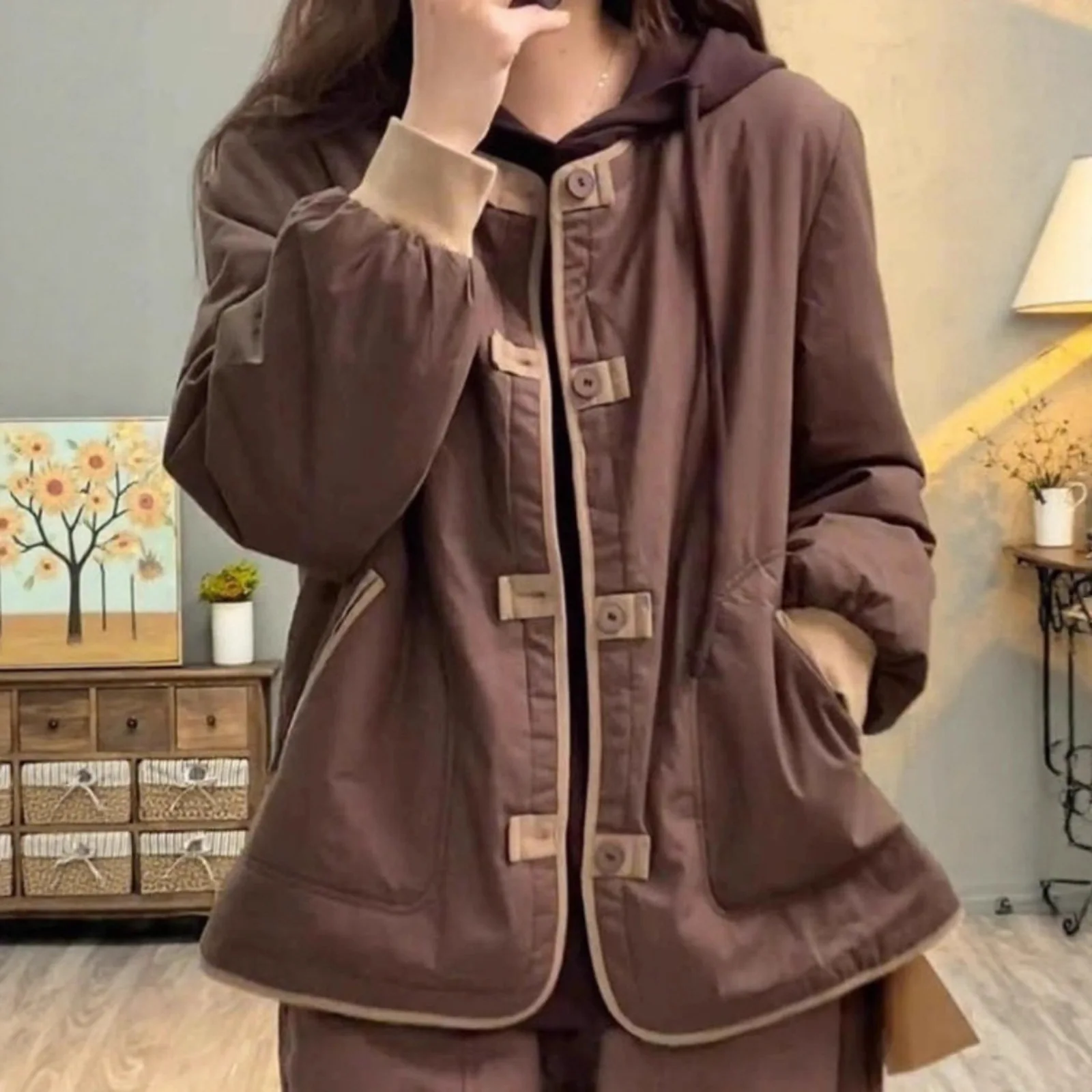 سترة نسائية قطنية سميكة خفيفة الوزن كاجوال فضفاضة بنمط ريترو كتلة الألوان معطف دافئ قصير جدًا وطول طويل #4