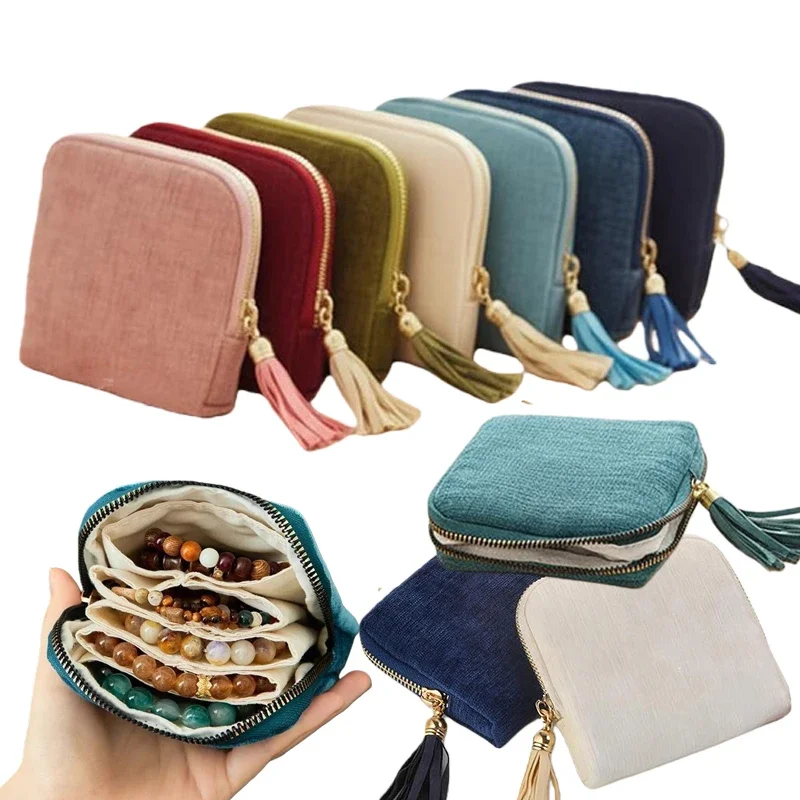 Exquisite Jewelry Storage Bag With Tassel Pendant Ring Zipper Jewelry Bag Large Capacity Travel Crystal Bracelet Storage Pouch
