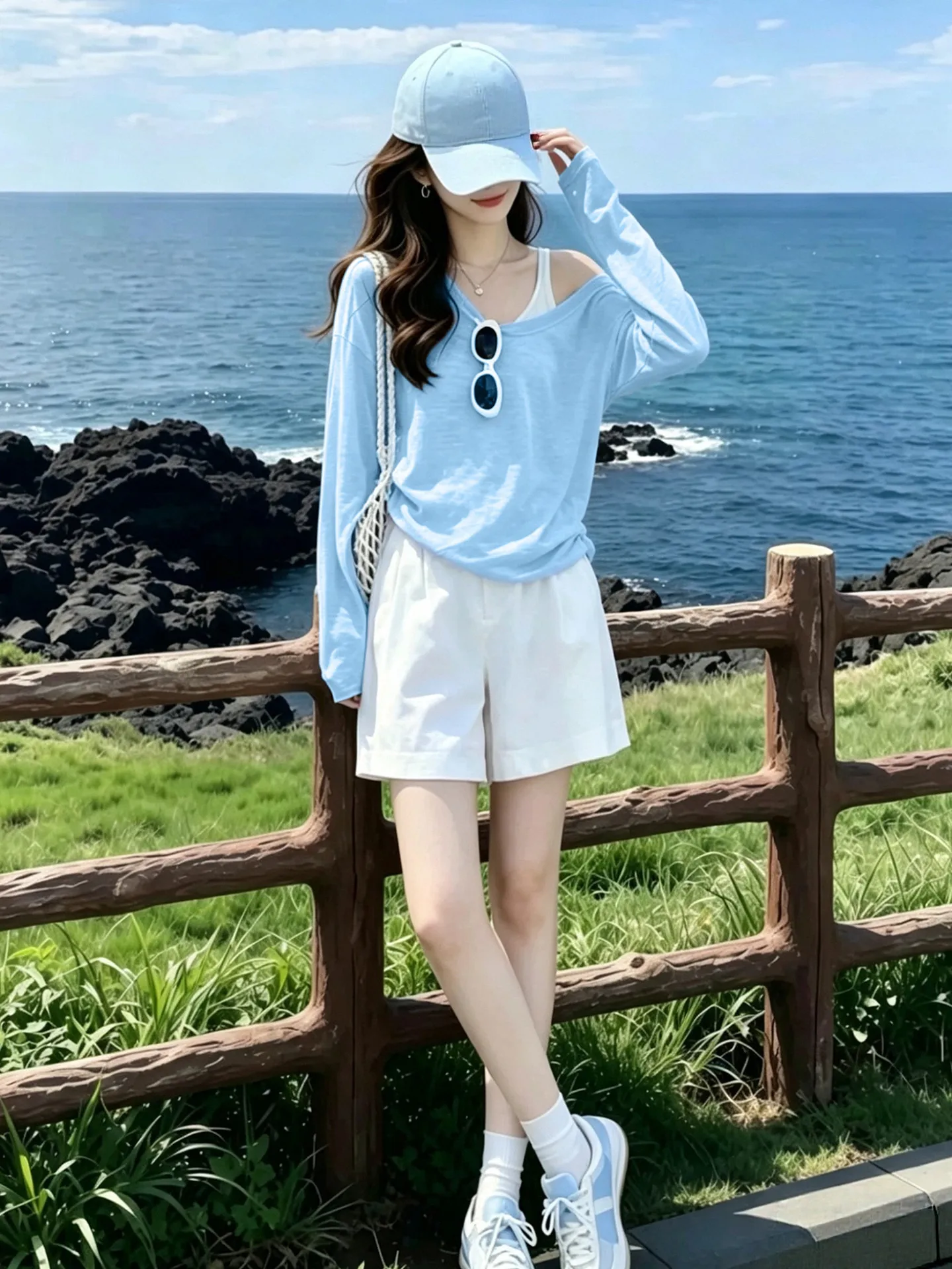 Conjunto de chaleco de manga larga con cuello en V azul para mujer, conjunto de verano casual y a la moda, transpirable, de fibra de poliéster, con camiseta de cuello redondo y pantalones cortos.