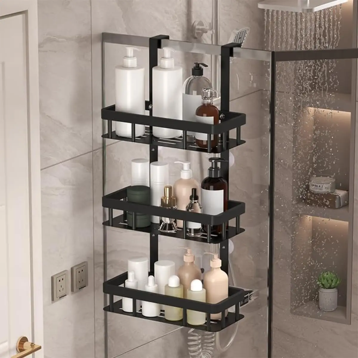 

3-Tier Over Door Shower Caddy, Black Metal Bathroom Storage Rack, 11.81x5.31 Inch Shelves, Rustproof