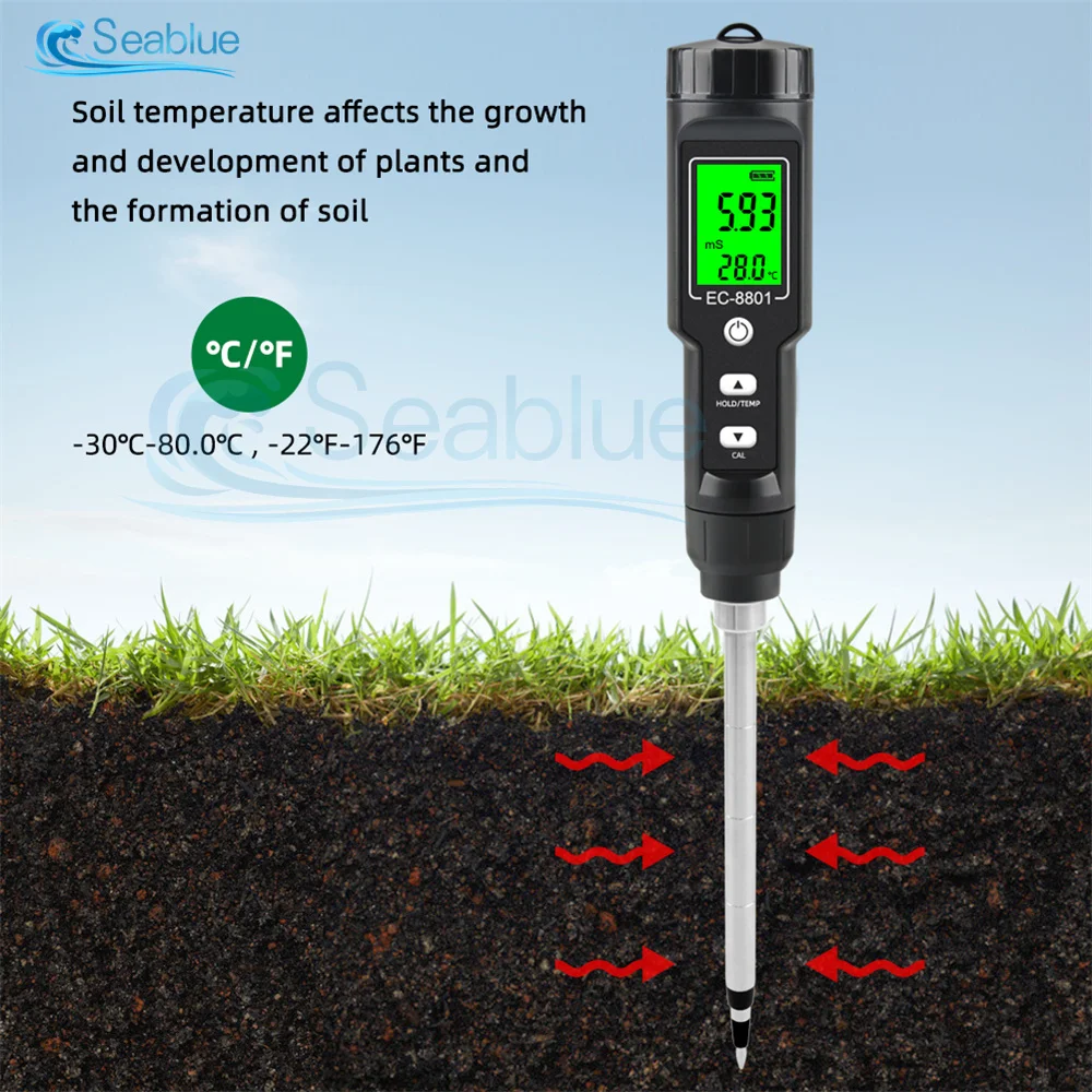 EC-8801 Digital Soil EC Meter Moisture Monitor Temperature Sunlight Probe Soil Detector for Gardening Plants Farming -30℃-80℃